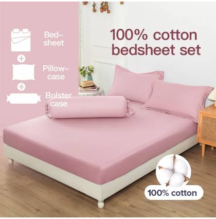 100% Cotton Fitted Bedsheet Set Pure Color Bedsheet Set Free Pillowcase and Bolster case Single/Super single/Queen/King