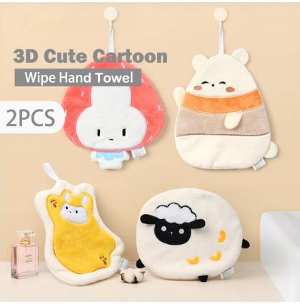 [2Pcs/set] 3D Cute Cartoon Hand Towel Bathroom Kitchen Super Absorbent Coral Velvet Hanging Handkerchief 4 Designs