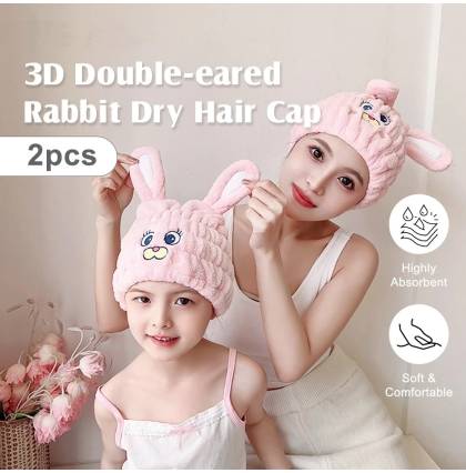 [2pcs/set]3D Double-eared Rabbit Dry Hair Cap Quick-drying Super Absorbent Cute for Adult and Kids Cute High-looking