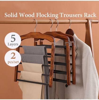 [2pcs] 5 Layers Trousers Hanger Wooden Flocking Trousers Rack Multi-purpose Clothes Hanger