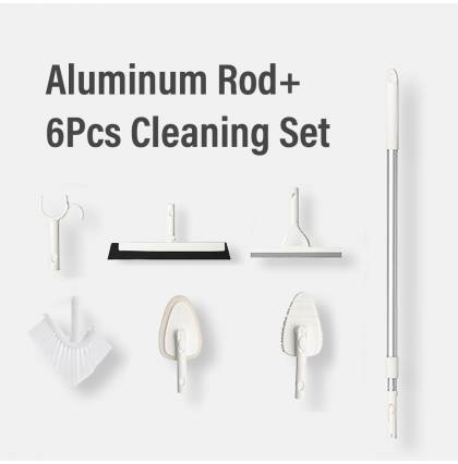Aluminum Rod+6 Pcs Cleaning Set(Clothes Fork, Floor Brush, Sponge Brush, Glass Wiper, Tile Squeegee, Corner Brush)