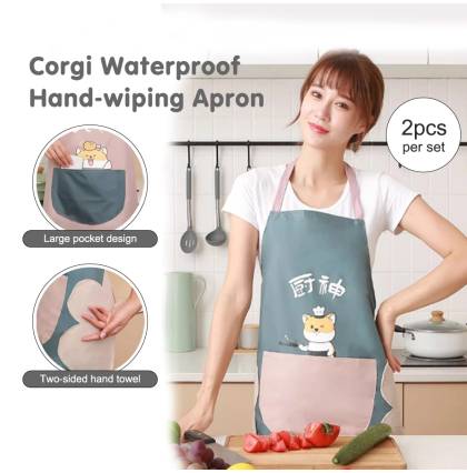 [2pcs/set] Corgi Waterproof Hand-wiping Apron Oilproof Kitchen Apron Sides With Hand Wiping Cloth