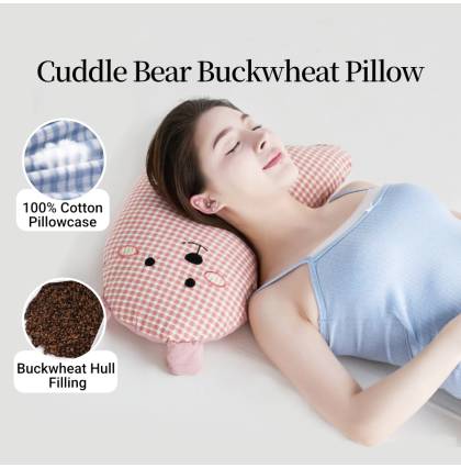Cuddle Bear Buckwheat Pillow 100% Cotton Pillowcase Adorable Bear Embroidery Adjustable Height Bolster 52× 27 cm