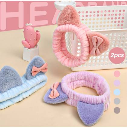 [2Pcs]Cute Plush Cat Ear Headband Cute Girl Wide-brimmed Face Wash Makeup Hair Band Terry Cloth Headbands Shower Elastic
