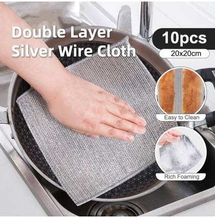 [10pcs/set] Double Layer Silver Wire Cloth Kitchen Stovetop Pots And Pans Mesh Non-Stick Oil Cleaning Cloth