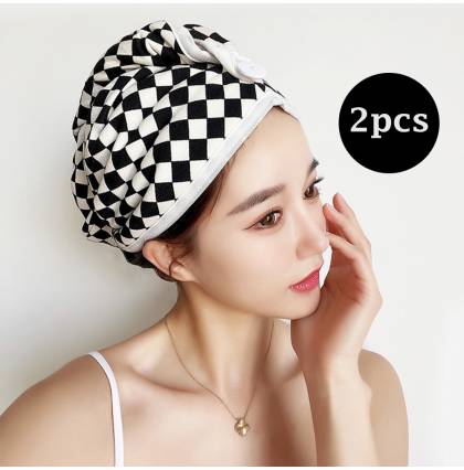 [2pcs/set]Fashion Checkerboard Hair Drying Cap Coral Velvet Towel Double-sided Shower Cap 25x65cm