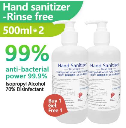 Hand Sanitizer Rinse Free (moisturizing Odourless & Ph: 7) Isopropyl Alcohol Liquid Disinfectant(kills 99.9% Of Bacteria) Bundle Of 2 X 500ml