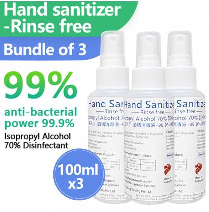 【Bundle of 3】Hand sanitizer rinse-free kills of 99.9% Bacteria/Virus Isopropyl disinfectant spray 100ml x3bottles