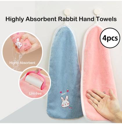 [4Pcs/set] Highly Absorbent Bunny Hand Towels Coral Fleece Hanging Hand Towel 19x43cm Green+Blue+Pink+Grey