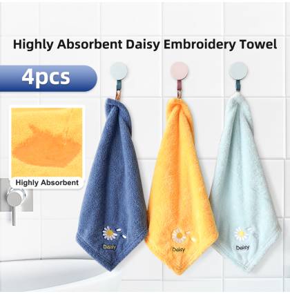 [4Pcs/set] Highly Absorbent Daisy Embroidery Towel Coral Fleece Ultra-Soft Cleaning Cloth Towel 30cm x 30cm Mix Colour