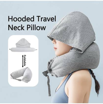 Hooded Travel Neck Pillow U-shaped Foldable Pillow with Hat Travel Flight Rest Pillow Detachable Pillow Bolster