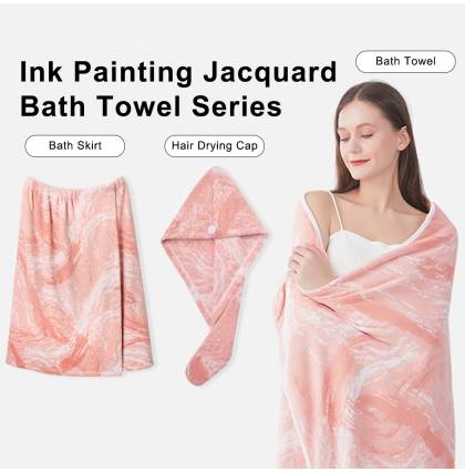 Ink Painting Jacquard Hair Drying Cap, Bath Skirts & Bath Towels Highly Absorbent Coral Fleece Soft & Comfortble