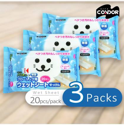 3 Packages -Japan Condor Baby Seal Flooring Degerming Wet Sheet 20 Sheets Wipe Floor Cleaning Sheet