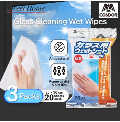 [Bundle of 3] Japan Condor Glass Cleaning Wet Wipes 20 Sheets Per Natural Orange Oil Antibacterial Oily Film Removal