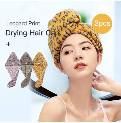 [2pcs] Leopard Print Drying Hair Cap Coral Velvet Hair Towel Quick Dry Shower Cap 25x65cm