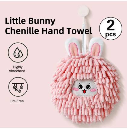 [2Pcs/set]Little Bunny Chenille Hand Towel Highly Absorbent Quick Dry Soft Bathroom Hanging Hand Towel 17cm x 17cm