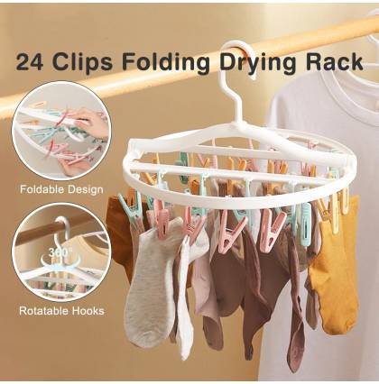Multifunction 24 Clips Folding Drying Rack Hang Securely Socks Underwear Rotatable Hooks