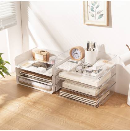 PET Stackable Storage Tray Small Desk Organizer Drawers Long Lasting Desktop File Box for Office and Home