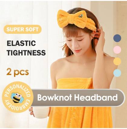 [2Pcs]Personalized Embroidery Bowknot Headband for Washing Face Makeup Terry Cloth Headbands Shower Elastic Head Wrap