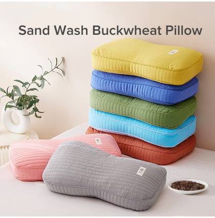 Premium Buckwheat Hulls Pillow Sand-washed Cotton Adjustable Height Ergonomic Contour Bolster Neck Pain Relief 48X26cm