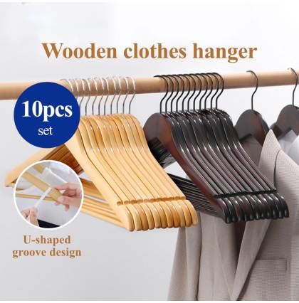 [Bundle of 10] Premium Wooden Clothes Hanger Stainless Steel Hook Clothes Wardrobe Drying Rack