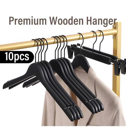 [Bundle of 10] Premium Wooden Hanger Matte Black Wood Clothes Trouser Rack Multifunctional Clothes Hanging Rack