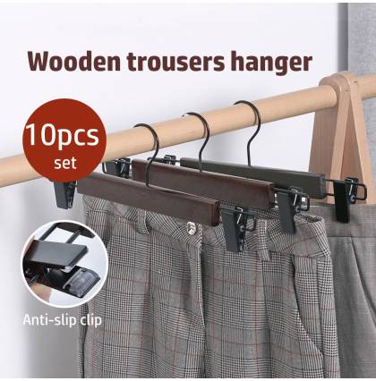 [Bundle of 10] Premium Wooden Trousers Hanger Socks Clip Stainless Steel Hook Non-slip Clothes Pegs