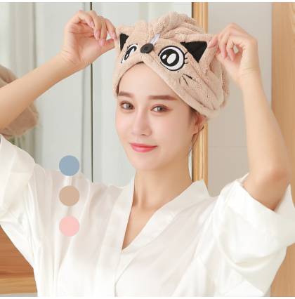 Thickened Lovely Cat Hair Drying Cap Bath Shower Towel Wrap with Cat Ear Coral Fleece Quick Dry Hair Hat for Women Girls