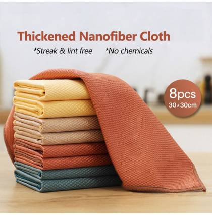 [8pcs]Thickened Nanofiber Cleaning Cloth Lint-Free Wave Pattern Fish Scale Kitchen Dishwashing Cloths for Window Mirrors