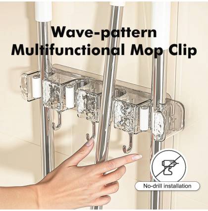 Wave-pattern Multifunctional Mop Clip Holder Hanging Non Punching with Hook Reusable Broom Hanger