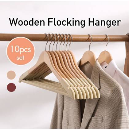 [10Pcs] Wooden Flocking Hanger Anti-slip Heavy Duty Velvet Clothes Racks