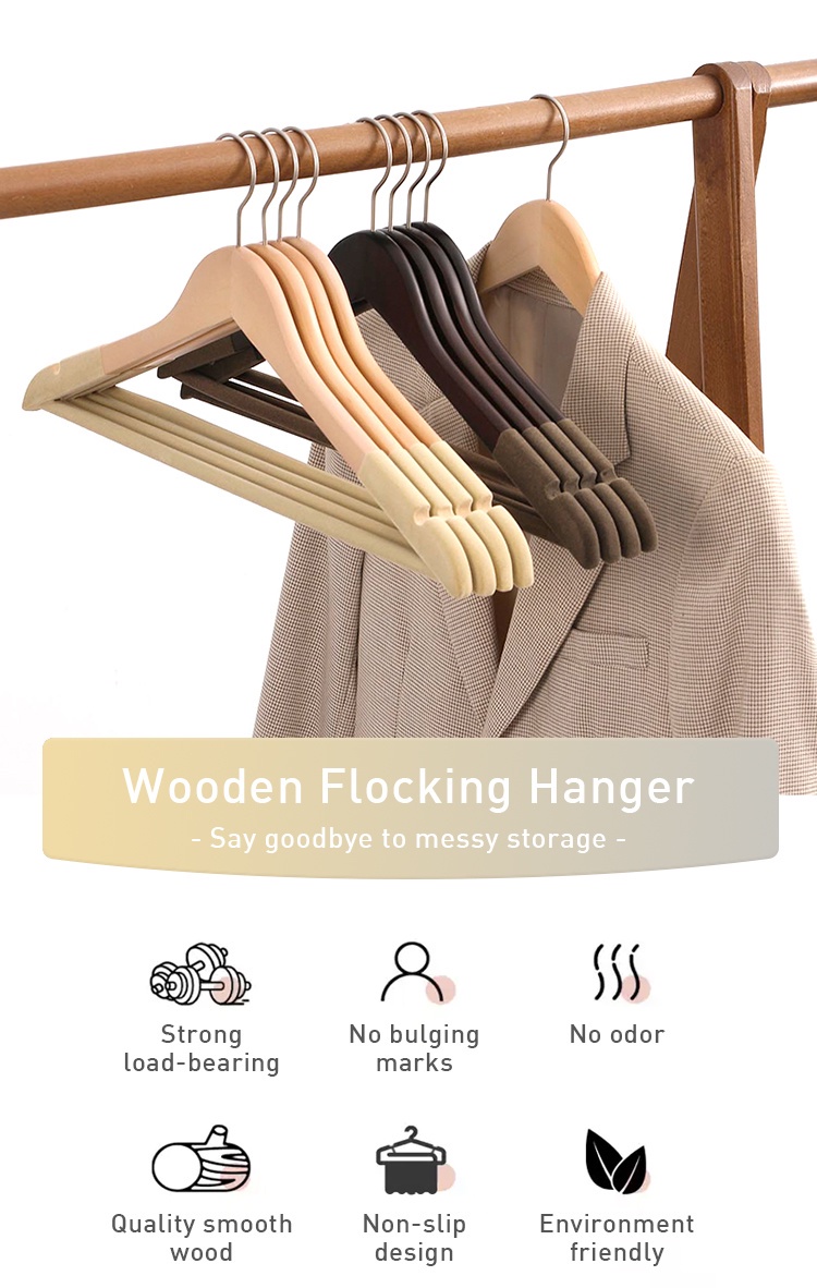 Flocking Rack Wooden Flocking Hanger Anti-slip Heavy Duty Velvet Clothes Racks