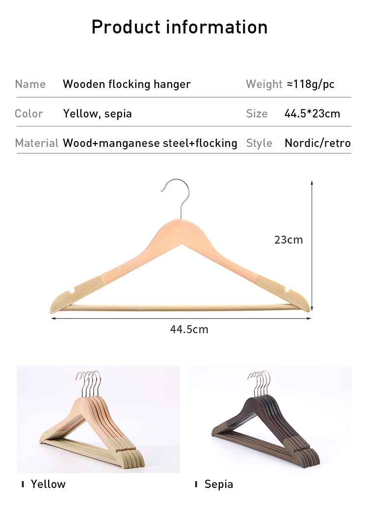 Flocking Rack Wooden Flocking Hanger Anti-slip Heavy Duty Velvet Clothes Racks
